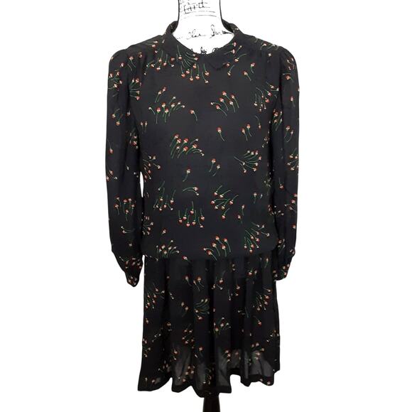 Vintage 80s Drop Waist Mini Dress Peter Pan Collar Sheer Floral Black Womens 10 - Picture 1 of 15